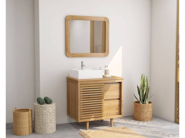 Vente-unique Freestanding Teak Bathroom Vanity Unit With Square Ceramic Countertop in Light Oak - image 1