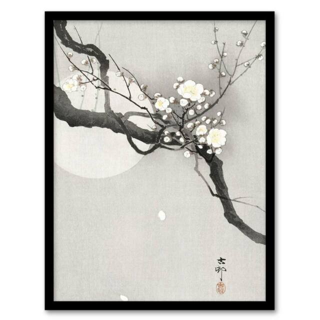Artery8 Ohara Koson Framed Wall Art Print Plum Blossom & Full Moon in Grey - Size: A4 - image 1