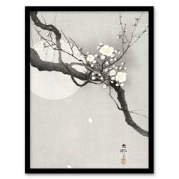 Artery8 Ohara Koson Framed Wall Art Print Plum Blossom & Full Moon in Grey - Size: A4 - thumbnail 1