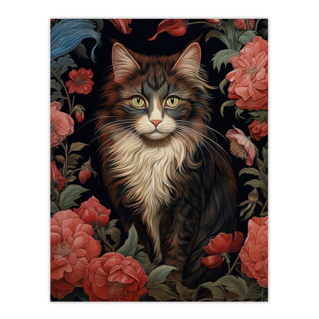 Artery8 Stylish Maine Coon Cat In Pink Flower Garden Floral Design Illustration Artwork Unframed Wall Art Print Poster Home Decor Premium - image 1