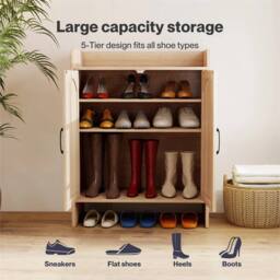Nordara Shoe Cabinet 5-Layer Rattan Wooden Doors Adjustable Entrance Storage in Beige - thumbnail 6