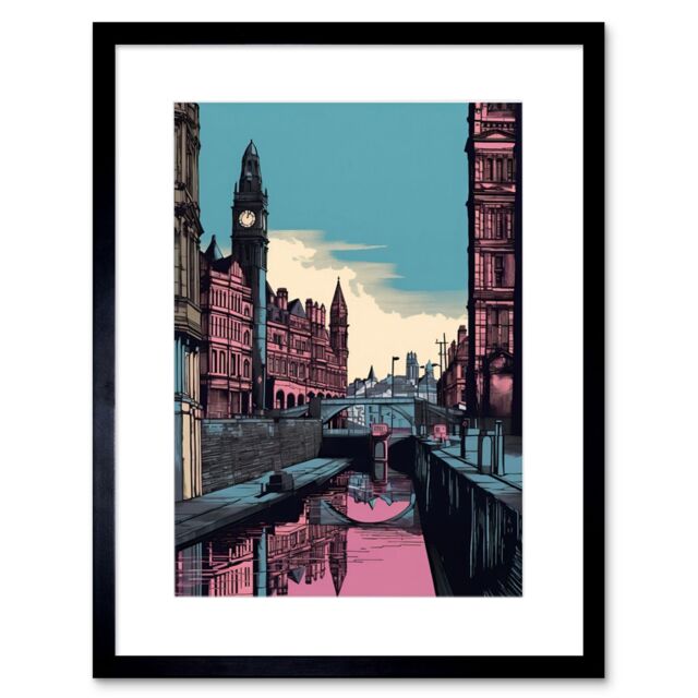 "Artery8 Wall Art Print Leeds Canal Cityscape Pink & Teal Artwork Framed 9X7 Inch in Black - Size: W7"" x H9""" - image 1