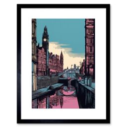"Artery8 Wall Art Print Leeds Canal Cityscape Pink & Teal Artwork Framed 9X7 Inch in Black - Size: W7"" x H9""" - thumbnail 1