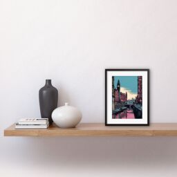 "Artery8 Wall Art Print Leeds Canal Cityscape Pink & Teal Artwork Framed 9X7 Inch in Black - Size: W7"" x H9""" - thumbnail 2