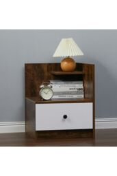 Living and Home Bedside Table with Drawer and Open Shelf Wooden Nightstand in Brown - thumbnail 1