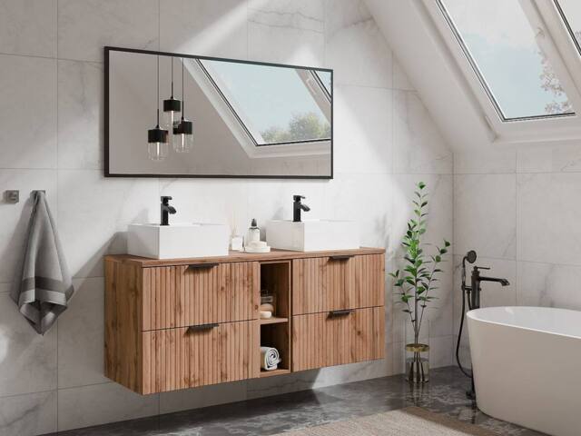 Vente-unique Fluted Wall-Hung Bathroom Unit With Open Shelves & Double Square in Light Oak - image 1