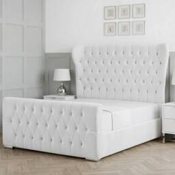 Living Comfort Bedz Velvetine Plush Velvet Upholstered Bed Slatted Base - 48Inch Headboard in White - Size: Super King