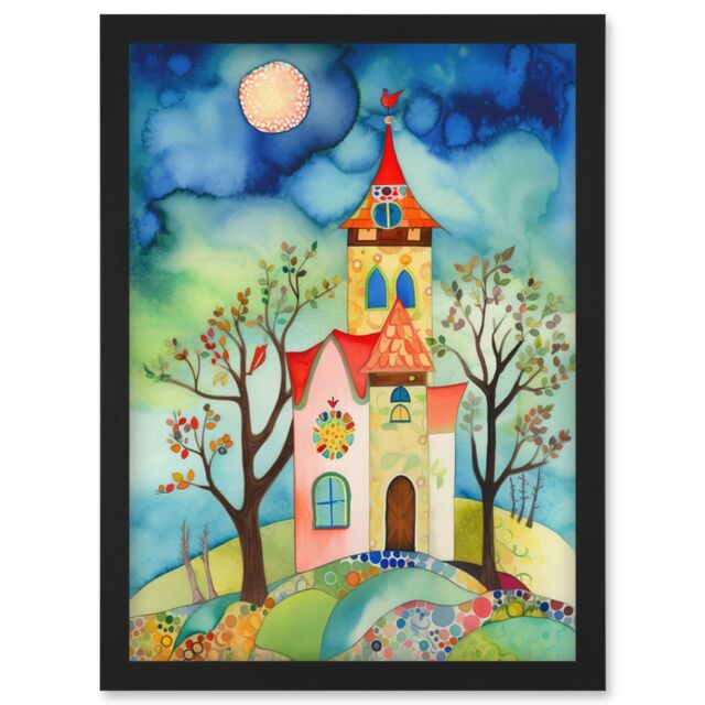 Artery8 Countryside Chapel Folk Art Watercolour Painting Artwork Framed Wall Art Print A4 in Black - image 1
