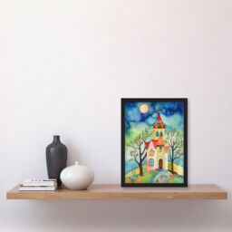 Artery8 Countryside Chapel Folk Art Watercolour Painting Artwork Framed Wall Art Print A4 in Black - thumbnail 2