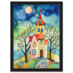 Artery8 Countryside Chapel Folk Art Watercolour Painting Artwork Framed Wall Art Print A4 in Black - thumbnail 1