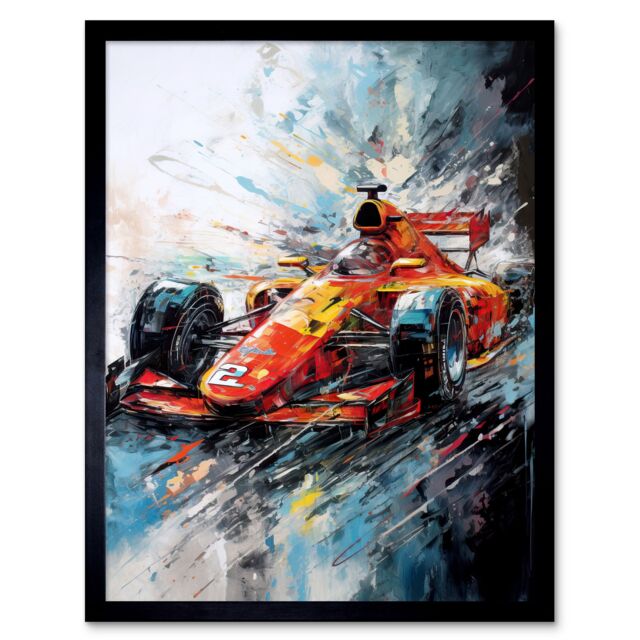 "Artery8 Wall Art Print Orange Race Car Grand Prix Action Shot Painting Art Framed in Red - Size: W12"" x H16""" - image 1