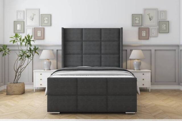 "Sloomy Beaumont Dumfries Bed Frame With 50"" Upholstered Wingback Headboard in Dark Grey - Size: Small Double" - image 1