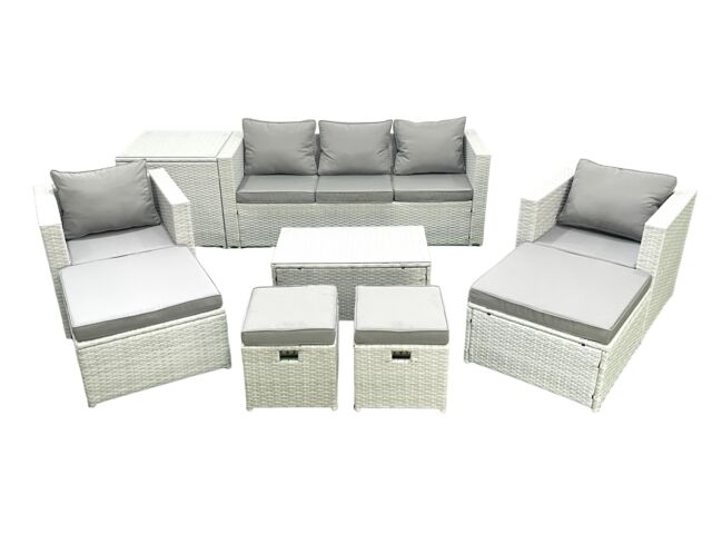 Fimous 9 Pieces Rattan Garden Furniture Set Outdoor Garden Sofa Chair Coffee Table Set with Side Table 4 Footstools Light Grey Mixed - image 1