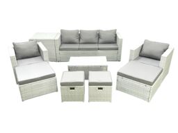 Fimous 9 Pieces Rattan Garden Furniture Set Outdoor Garden Sofa Chair Coffee Table Set with Side Table 4 Footstools Light Grey Mixed - thumbnail 1