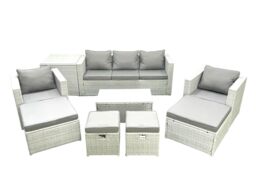 Fimous 9 Pieces Rattan Garden Furniture Set Outdoor Garden Sofa Chair Coffee Table Set with Side Table 4 Footstools Light Grey Mixed - thumbnail 2