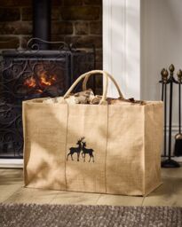 Dibor Traditional Kissing Deer Hessian Firewood Log Storage Jute Bag H40 x W60cm in Natural