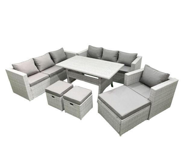 Fimous 7 Pieces Outdoor Rattan Sofa Set with Cushions Patio Garden Furniture Sets with Armchair Dining Table 3 Footstools in Light Grey - image 1