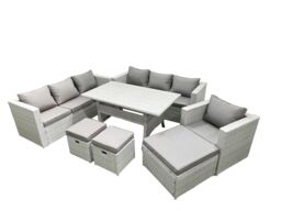 Fimous 7 Pieces Outdoor Rattan Sofa Set with Cushions Patio Garden Furniture Sets with Armchair Dining Table 3 Footstools in Light Grey - thumbnail 1