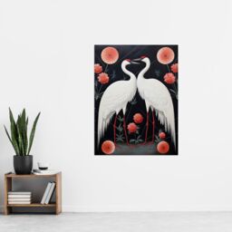 Artery8 Wall Art Print Japanese Crane Dance Stylised Oil Painting Pink White Grey Birds & Pink Flowers Abstract Floral Landscape Poster - thumbnail 4