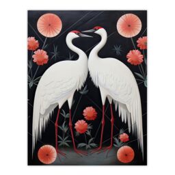 Artery8 Wall Art Print Japanese Crane Dance Stylised Oil Painting Pink White Grey Birds & Pink Flowers Abstract Floral Landscape Poster - thumbnail 1