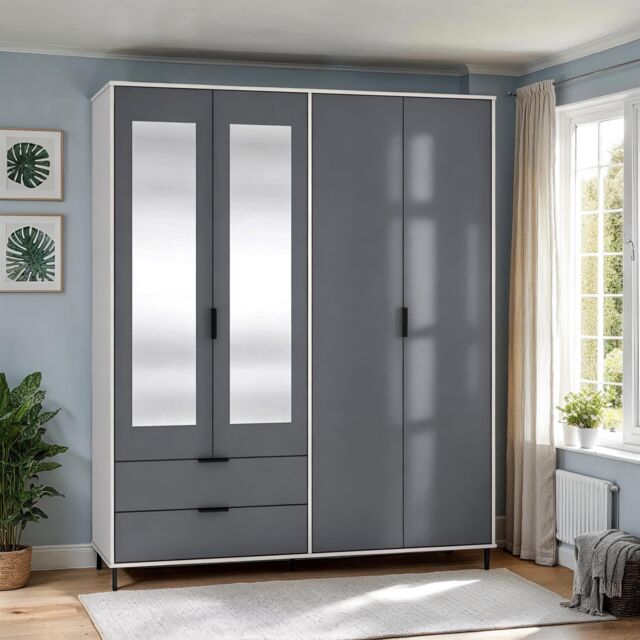 Seconique Madrid 4 Door 2 Drawer Mirrored Wardrobe in Grey - image 1