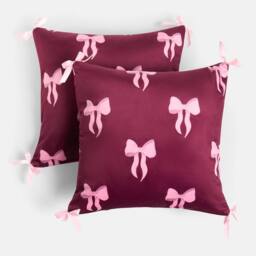OHS 2 x Bows Matte Velvet Cushion Covers Home Decor in Burgundy - Size: 45 cm x 45 cm - thumbnail 3