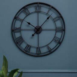 Orsina 59cm Matt Black Metal Wall Clock, Roman Numeral Frame Decorative Clock, Analogue Clock With Hexagonal Nuts