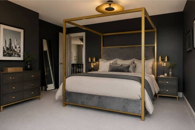 Stratus Interiors Luxury Upholstered Four Poster Bed Frame with Gold in Grey - Size: Super King - image 1