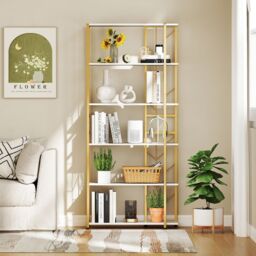 Gymax 6-Tier Bookshelf Geometric Bookcase Industrial Display Shelves in White - thumbnail 3