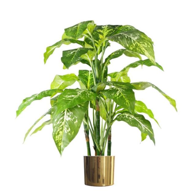 Leaf Artificial 100cm Large Fox's Aglaonema Realistic Tree Artificial Plant with Gold Metal Planter in Green - image 1