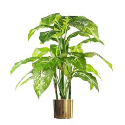 Leaf Artificial 100cm Large Fox's Aglaonema Realistic Tree Artificial Plant with Gold Metal Planter in Green - thumbnail 1