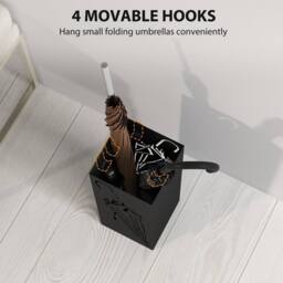 KORVIXA Metal Umbrella Stand with 4 Hooks & Removable Drip Tray in Black - thumbnail 4