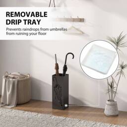 KORVIXA Metal Umbrella Stand with 4 Hooks & Removable Drip Tray in Black - thumbnail 3
