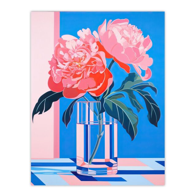 "Wee Blue Coo Wall Art Print Perfect Peonies Flower Blooms in Glass Vase Teal Blue Pink Vibrant Stylised Floral Poster - Size: W24"" x H32""" - image 1
