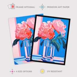 "Wee Blue Coo Wall Art Print Perfect Peonies Flower Blooms in Glass Vase Teal Blue Pink Vibrant Stylised Floral Poster - Size: W24"" x H32""" - thumbnail 2