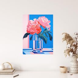 "Wee Blue Coo Wall Art Print Perfect Peonies Flower Blooms in Glass Vase Teal Blue Pink Vibrant Stylised Floral Poster - Size: W24"" x H32""" - thumbnail 4