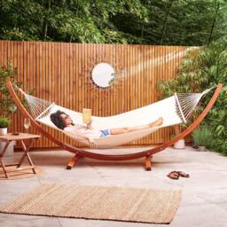 VonHaus 1 Person Freestanding Larch Wood Curved Frame Garden Hammock in White - thumbnail 1