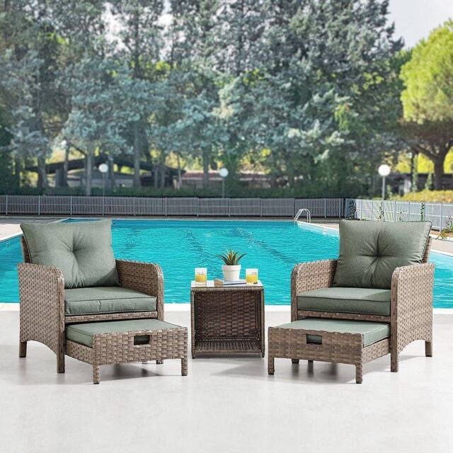 Home Detail Grenada Garden Armchair Rattan Garden Furniture Set with Side Table Hide Away Footstools Green Cushions in Grey - image 1