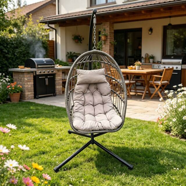 Fimous PE Rattan Garden Foldable Single Hanging Egg Chair Outdoor Furniture in Dark Grey - image 1
