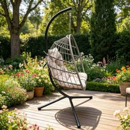 Fimous PE Rattan Garden Foldable Single Hanging Egg Chair Outdoor Furniture in Dark Grey - thumbnail 4