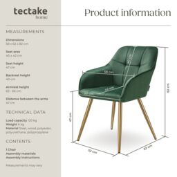tectake Dining Chair Marilyn Set Of 2 - Dark Green/Gold in Dark Green - Size: 2 Pack - thumbnail 6
