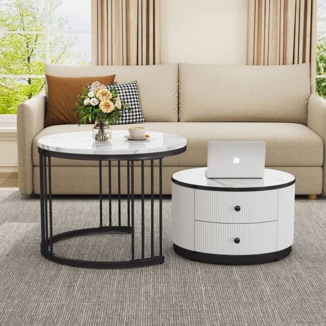 BTM Round Nesting Coffee Table Set Marble Pattern Storage Drawers Table in White