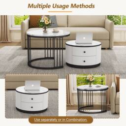 BTM Round Nesting Coffee Table Set Marble Pattern Storage Drawers Table in White - thumbnail 4
