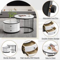 BTM Round Nesting Coffee Table Set Marble Pattern Storage Drawers Table in White - thumbnail 3