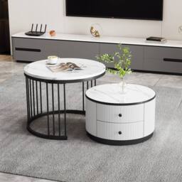 BTM Round Nesting Coffee Table Set Marble Pattern Storage Drawers Table in White - thumbnail 5