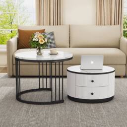 BTM Round Nesting Coffee Table Set Marble Pattern Storage Drawers Table in White - thumbnail 1