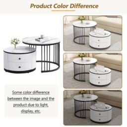 BTM Round Nesting Coffee Table Set Marble Pattern Storage Drawers Table in White - thumbnail 8