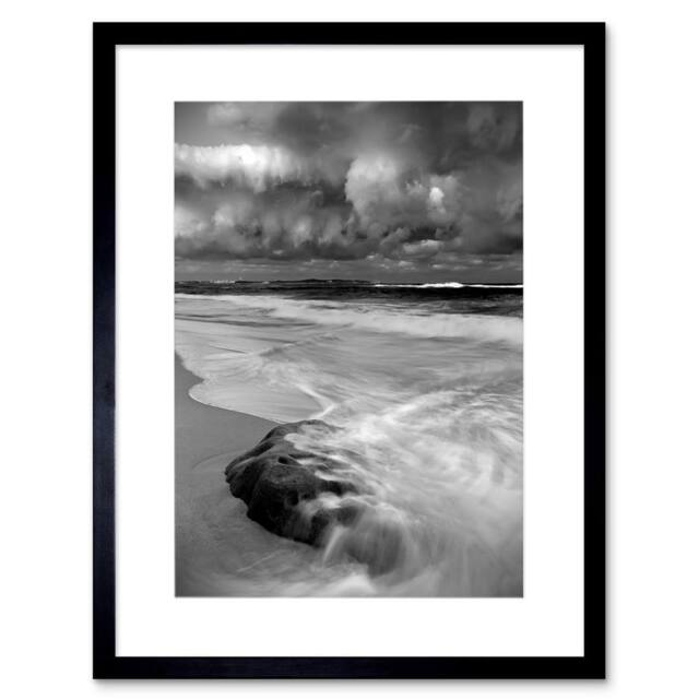 "Artery8 Nature Landscape Storm Sea Beach Black White Wave Framed Art Print in Grey - Size: W12"" x H16""" - image 1