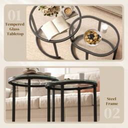 HOMCOM 2 Pcs Modern Coffee Table with Tempered Glass Tabletop, Black - thumbnail 6