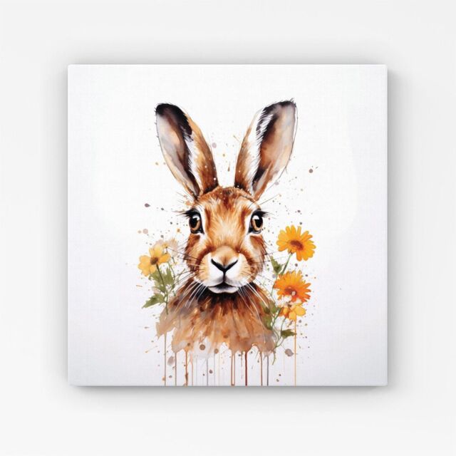 "Warren Reed - Designer Watercolour Hare & Daisies Canvas in Orange - Size: W16"" x H16""" - image 1